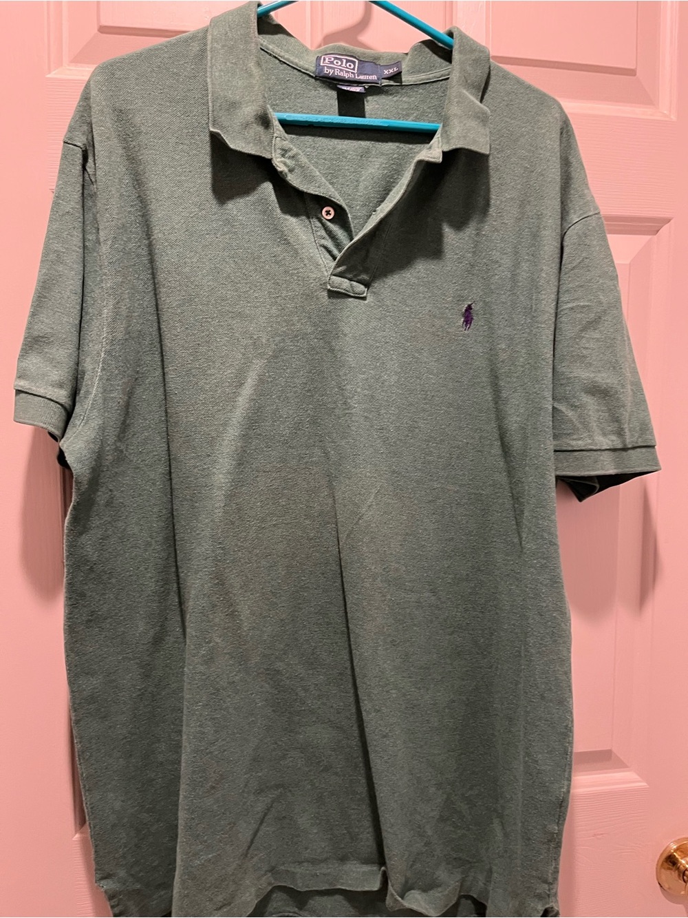 Ralph Lauren Men's Polo Shirt in Sage Green with Purple Logo